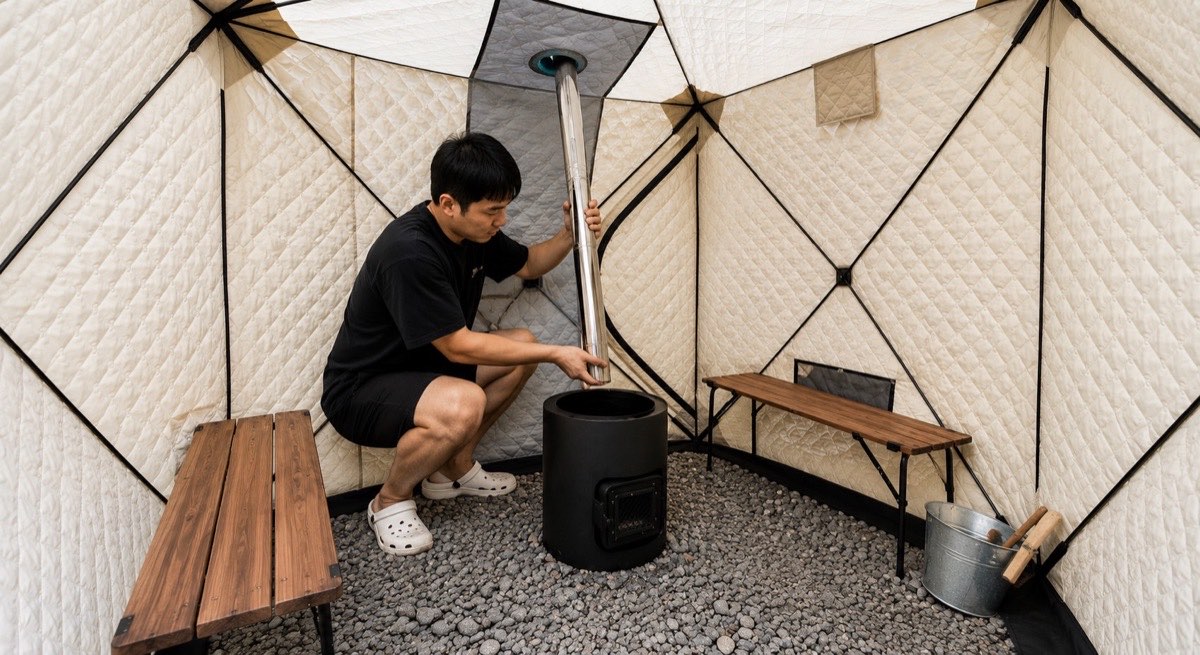 冷めた煙突を取り外している様子