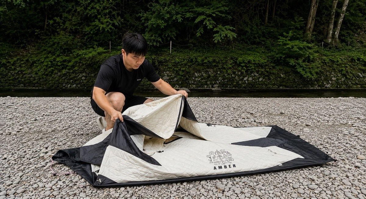テントの空気を抜きながら折りたたんでいる様子