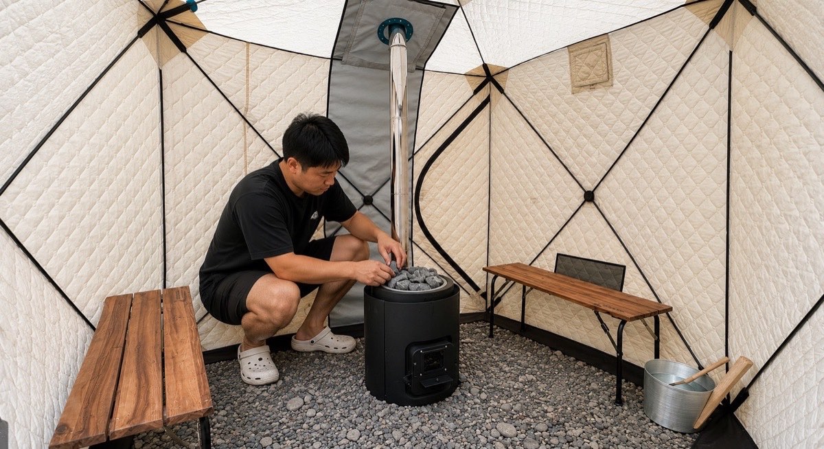 ストーブ上部にサウナストーンを積んでいる様子